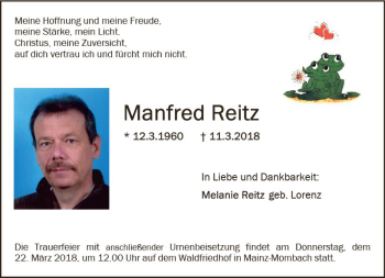 Traueranzeige von Manfred Reitz von Trauerportal Rhein Main Presse
