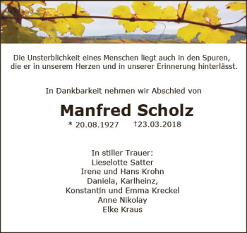 Traueranzeige von Manfred Scholz von Trauerportal Rhein Main Presse
