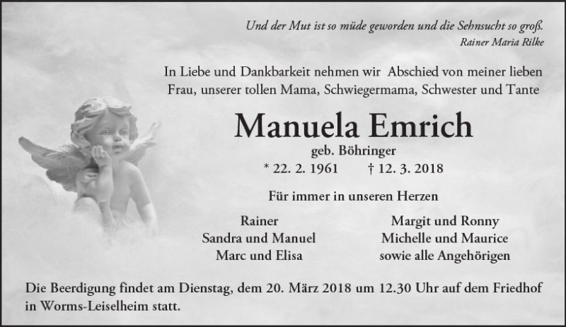  Traueranzeige für Manuela Emrich vom 15.03.2018 aus Trauerportal Rhein Main Presse