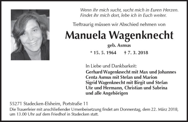  Traueranzeige für Manuela Wagenknecht vom 17.03.2018 aus Trauerportal Rhein Main Presse