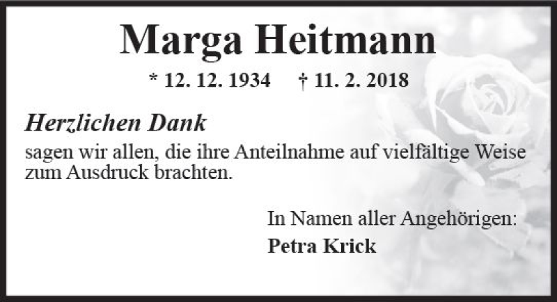  Traueranzeige für Marga Heitmann vom 10.03.2018 aus Trauerportal Rhein Main Presse