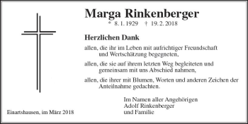Traueranzeige von Marga Rinkenberger von  Kreisanzeiger