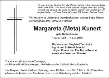 Traueranzeige von Margareta Kunert von Trauerportal Rhein Main Presse
