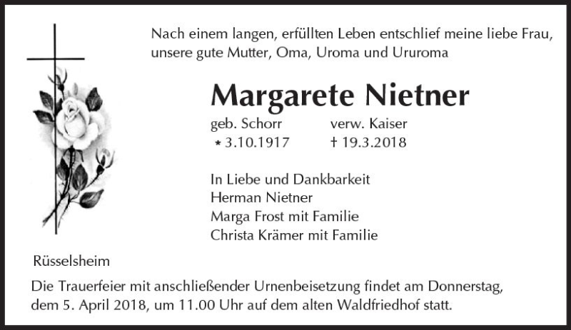  Traueranzeige für Margarete Nietner vom 31.03.2018 aus Trauerportal Rhein Main Presse