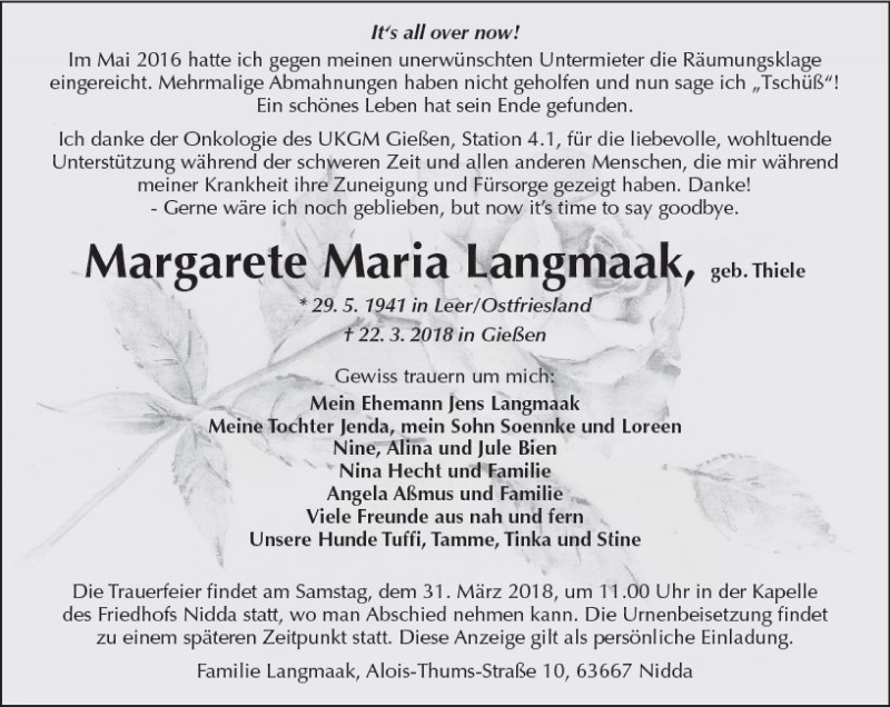  Traueranzeige für Margarete Maria Langmaak vom 27.03.2018 aus  Kreisanzeiger