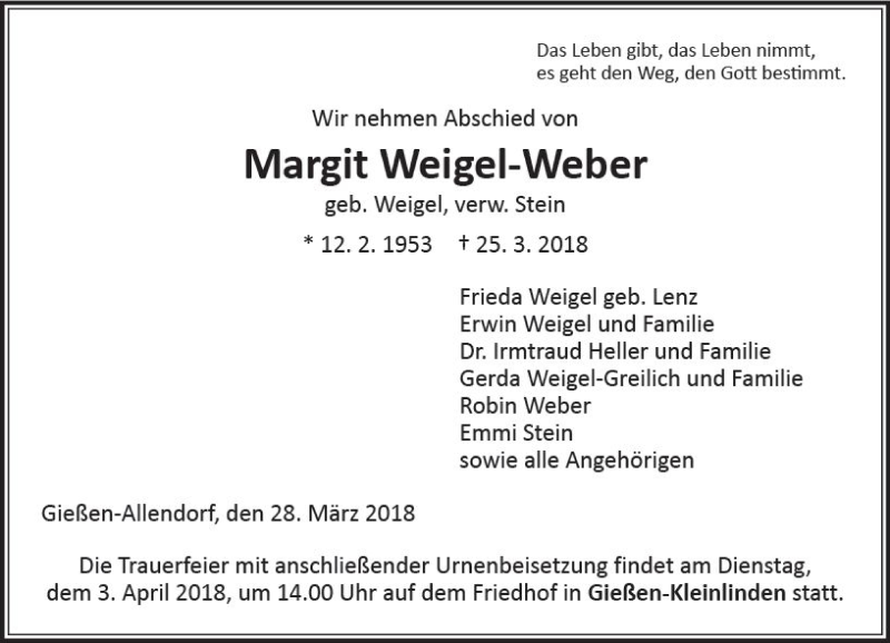  Traueranzeige für Margit Weigel-Weber vom 28.03.2018 aus  Gießener Anzeiger