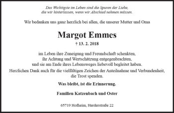 Traueranzeige von Margot Emmes von Trauerportal Rhein Main Presse