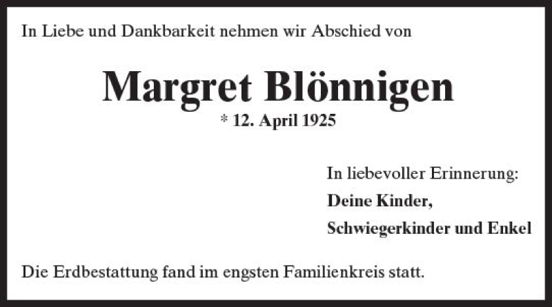  Traueranzeige für Margret Blönnigen vom 10.03.2018 aus  Gießener Anzeiger
