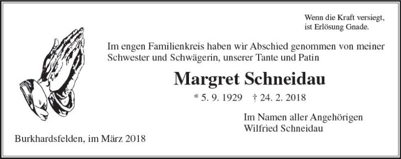  Traueranzeige für Margret Schneidau vom 03.03.2018 aus  Gießener Anzeiger