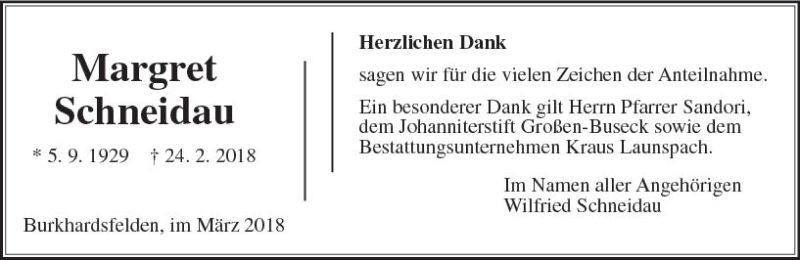  Traueranzeige für Margret Schneidau vom 24.03.2018 aus  Gießener Anzeiger