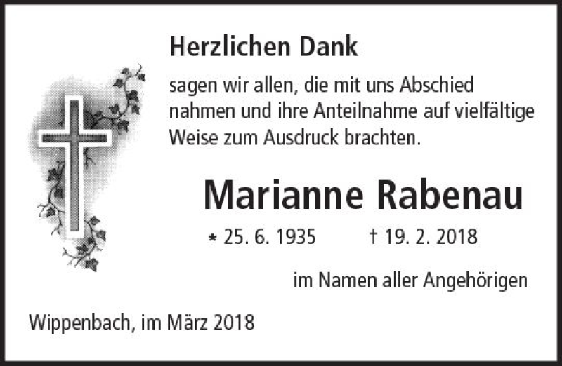  Traueranzeige für Marianne Rabenau vom 17.03.2018 aus  Kreisanzeiger