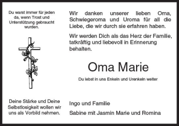 Traueranzeige von Marie  von  Kreisanzeiger