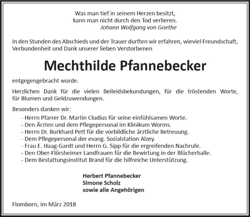  Traueranzeige für Mechthilde Pfannebecker vom 17.03.2018 aus Trauerportal Rhein Main Presse