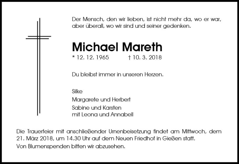  Traueranzeige für Michael Mareth vom 17.03.2018 aus  Gießener Anzeiger
