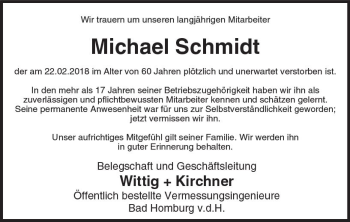 Traueranzeige von Michael Schmidt von  Usinger Anzeiger