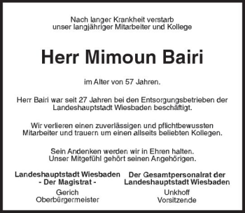Traueranzeige von Mimoun Bairi von Trauerportal Rhein Main Presse