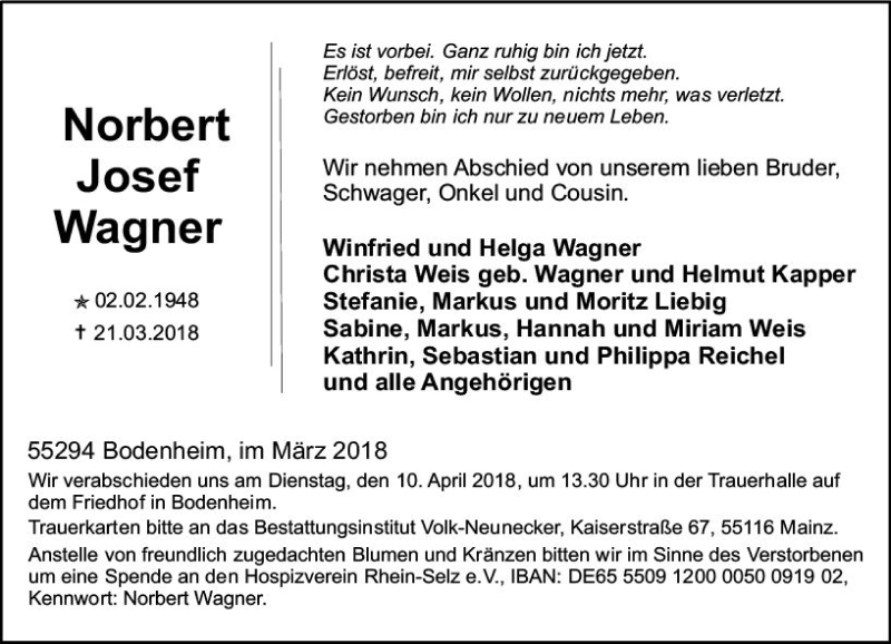  Traueranzeige für Norbert Josef Wagner vom 31.03.2018 aus Trauerportal Rhein Main Presse