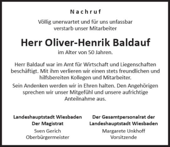 Traueranzeige von Oliver-Henrik Baldauf von Trauerportal Rhein Main Presse