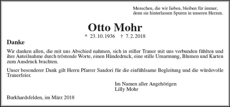  Traueranzeige für Otto Mohr vom 31.03.2018 aus  Gießener Anzeiger