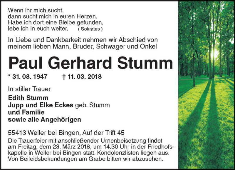  Traueranzeige für Paul Gerhard Stumm vom 20.03.2018 aus Trauerportal Rhein Main Presse