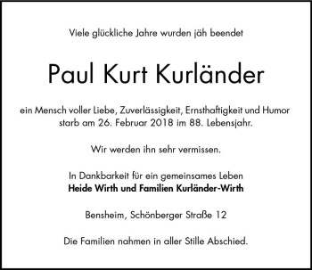 Traueranzeige von Paul Kurt Kurländer von Trauerportal Rhein Main Presse