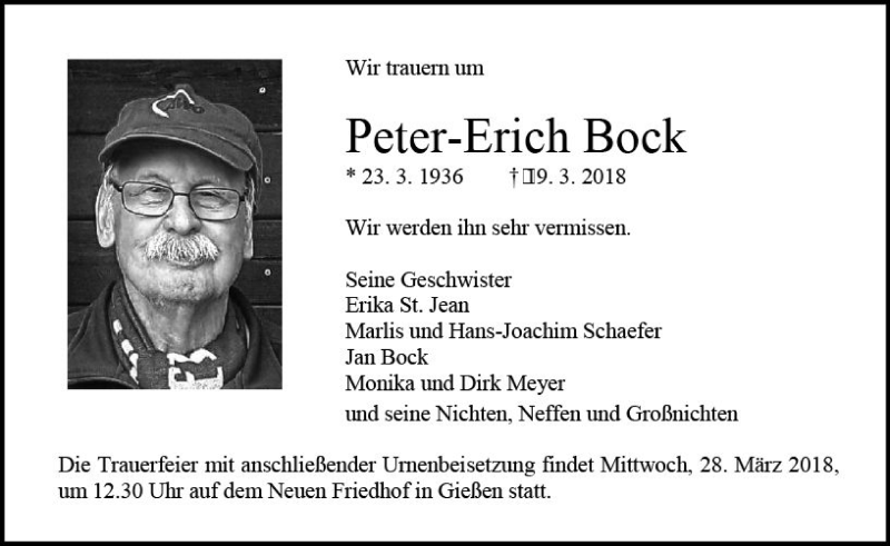  Traueranzeige für Peter-Erich Bock vom 24.03.2018 aus  Gießener Anzeiger