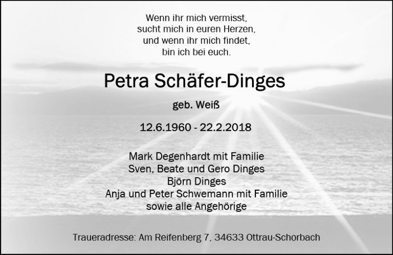  Traueranzeige für Petra Schäfer-Dinges vom 17.03.2018 aus Trauerportal Rhein Main Presse