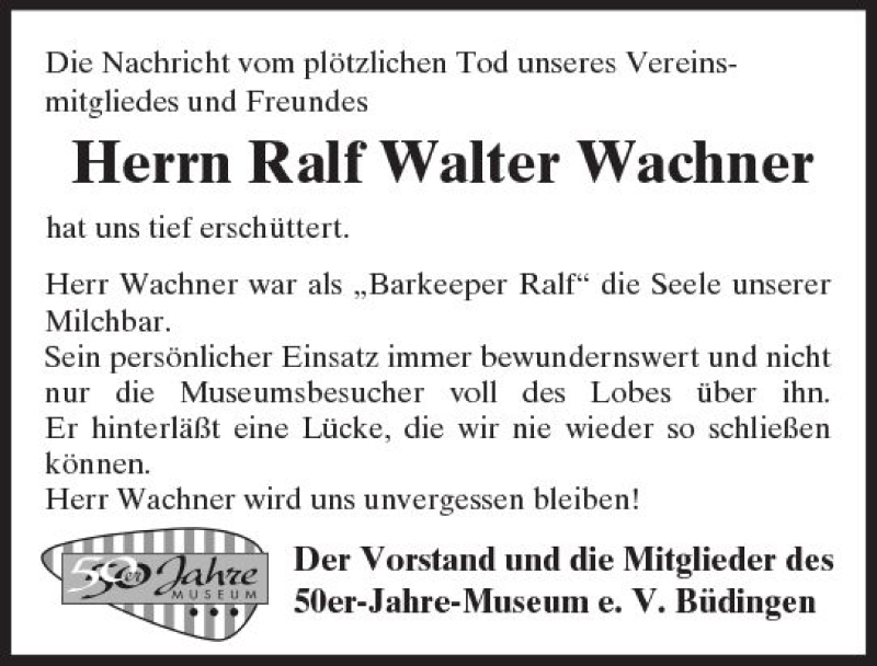  Traueranzeige für Ralf Walter Wachner vom 27.03.2018 aus  Kreisanzeiger