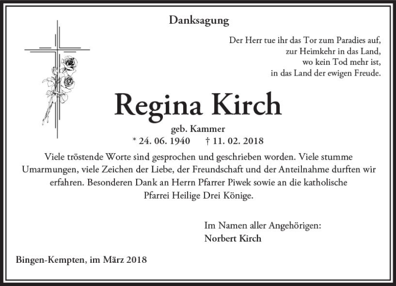  Traueranzeige für Regina Kirch vom 31.03.2018 aus Trauerportal Rhein Main Presse