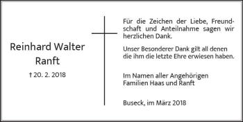 Traueranzeige von Reinhard Walter Ranft von  Gießener Anzeiger
