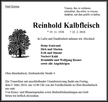 Traueranzeige von Reinhold Kalbfleisch von VRM Trauer