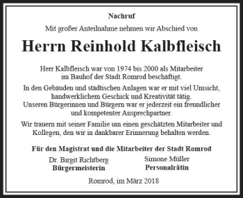 Traueranzeige von Reinhold Kalbfleisch von VRM Trauer