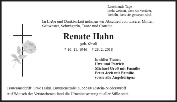 Traueranzeige von Renate Hahn von Trauerportal Rhein Main Presse