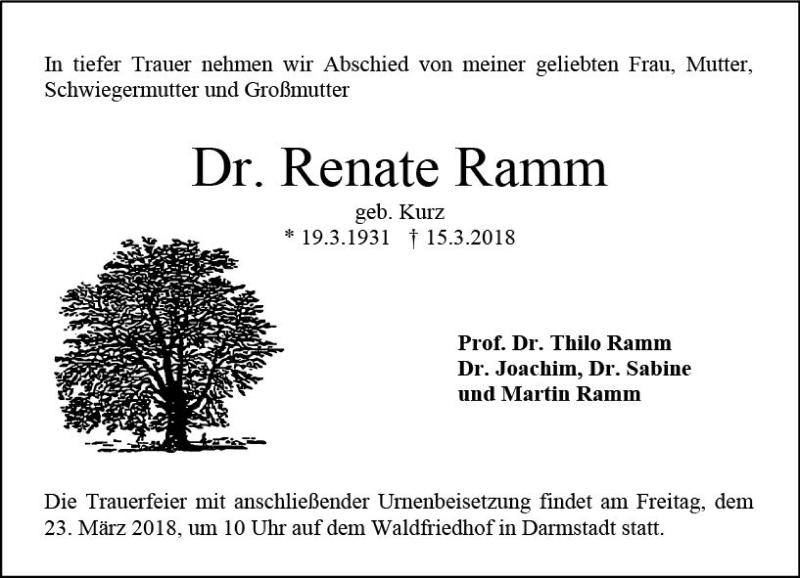  Traueranzeige für Renate Ramm vom 20.03.2018 aus Trauerportal Rhein Main Presse