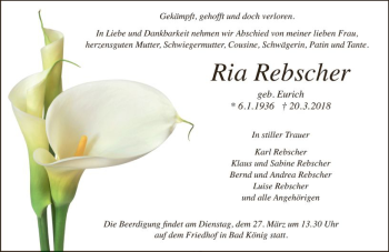Traueranzeige von Ria Rebscher von Trauerportal Rhein Main Presse