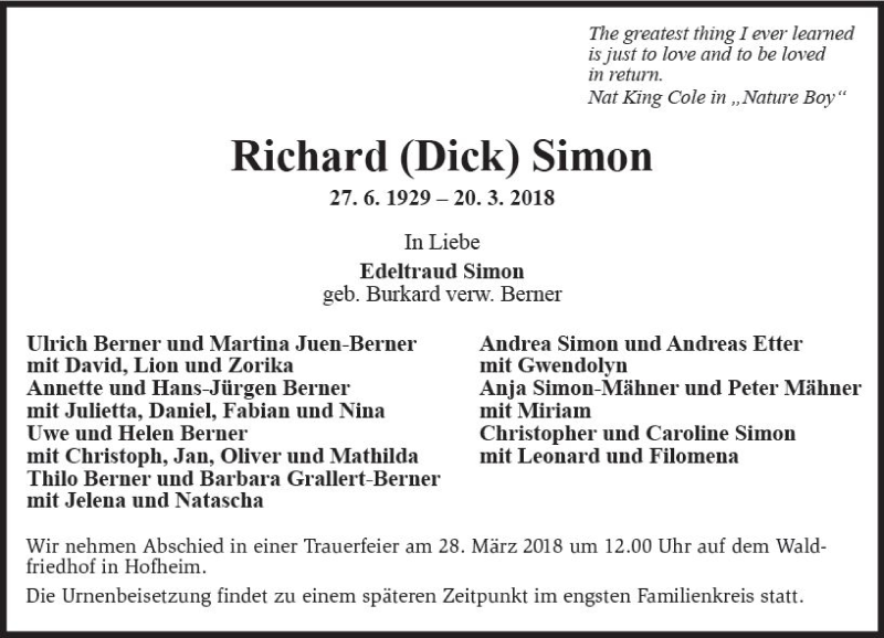  Traueranzeige für Richard Dick Simon vom 23.03.2018 aus Trauerportal Rhein Main Presse