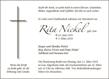 Traueranzeige von Rita Nickel von Trauerportal Rhein Main Presse