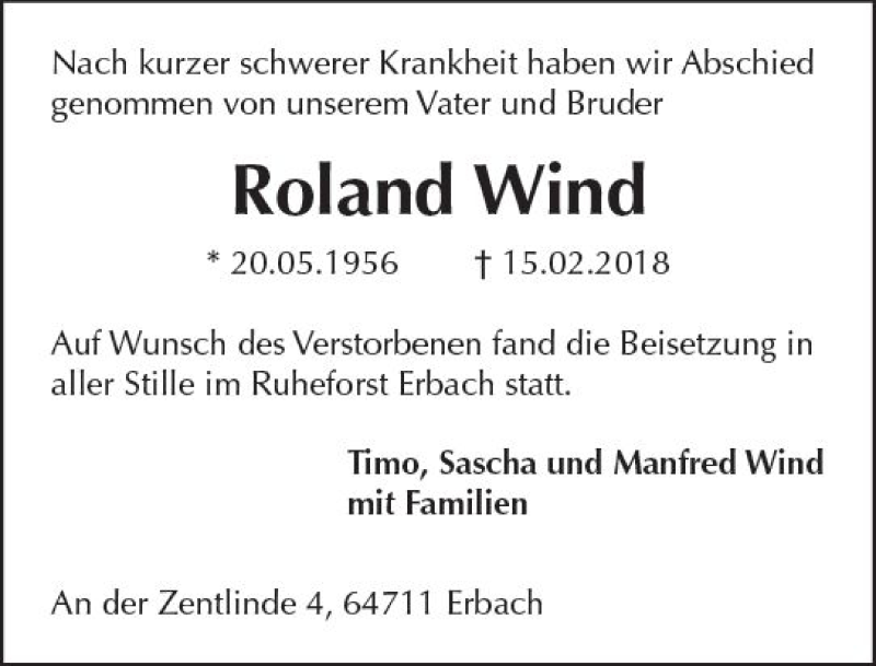  Traueranzeige für Roland Wind vom 10.03.2018 aus Trauerportal Rhein Main Presse