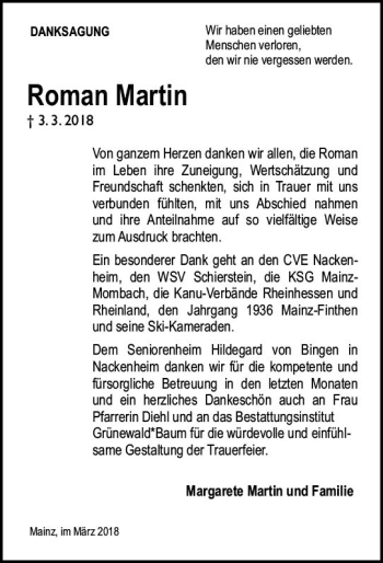 Traueranzeige von Roman Martin von Trauerportal Rhein Main Presse
