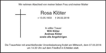Traueranzeige von Rosa Klöter von Trauerportal Rhein Main Presse