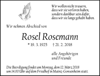 Traueranzeige von Rose Rosemann von Trauerportal Rhein Main Presse