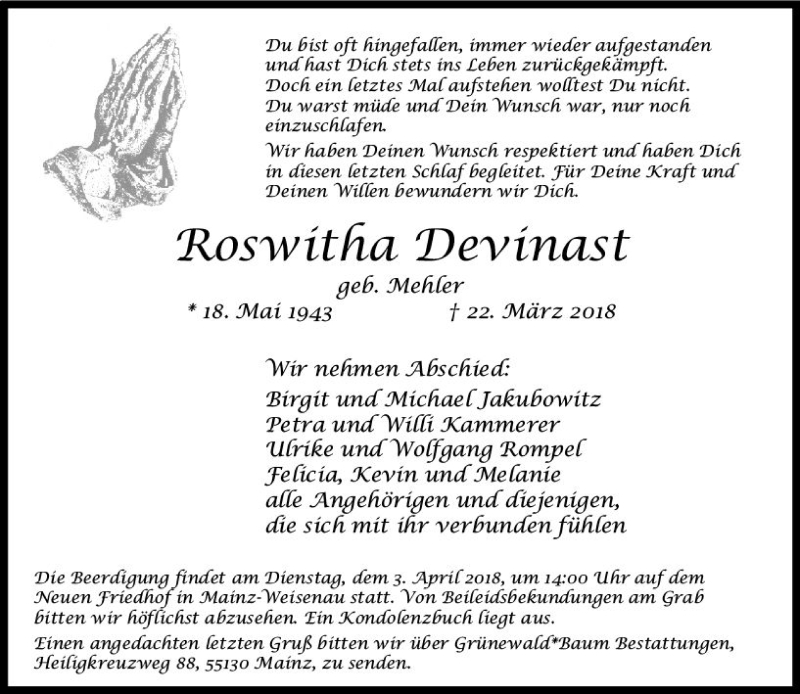  Traueranzeige für Roswitha Devinast vom 28.03.2018 aus Trauerportal Rhein Main Presse