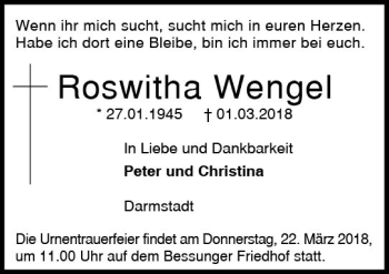 Traueranzeige von Roswitha Wengel von Trauerportal Rhein Main Presse