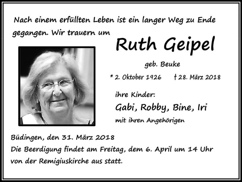  Traueranzeige für Ruth Geipel vom 31.03.2018 aus  Kreisanzeiger