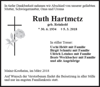 Traueranzeige von Ruth Hartmetz von Trauerportal Rhein Main Presse