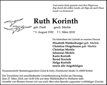 Traueranzeige von Ruth Korinth von Trauerportal Rhein Main Presse