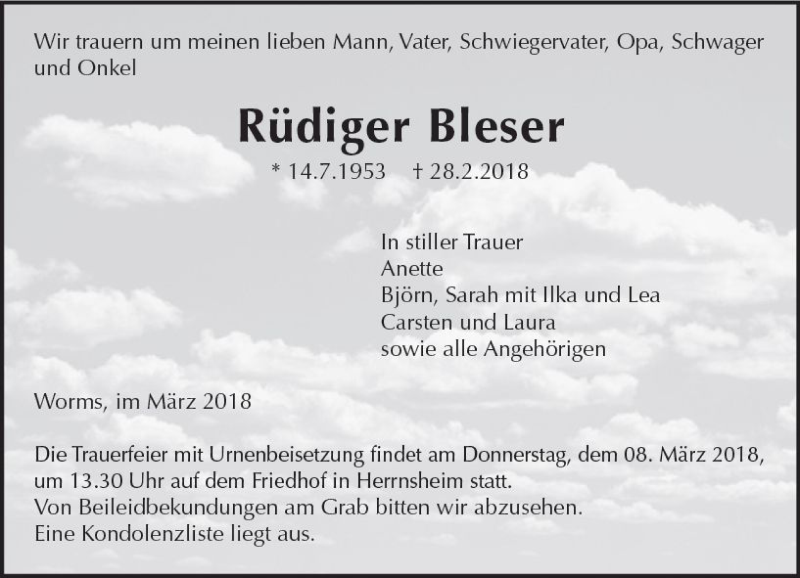  Traueranzeige für Rüdiger Bleser vom 06.03.2018 aus Trauerportal Rhein Main Presse