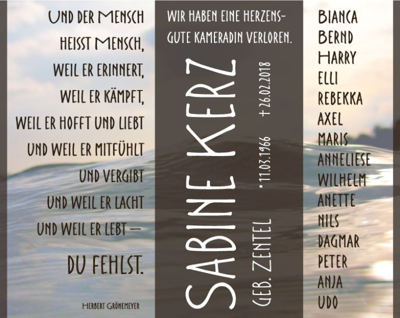  Traueranzeige für Sabine Kerz vom 03.03.2018 aus Trauerportal Rhein Main Presse