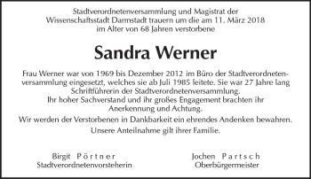 Traueranzeige von Sandra Werner von Trauerportal Rhein Main Presse