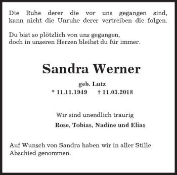 Traueranzeige von Sandra Werner von Trauerportal Rhein Main Presse
